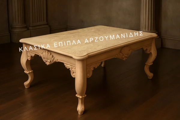 Κλασικό τραπέζι σαλονιού NICHOLAS σε ανοιχτή απόχρωση, με διακοσμητικό πλαίσιο και έντονα πόδια με κάθετες αυλακώσεις