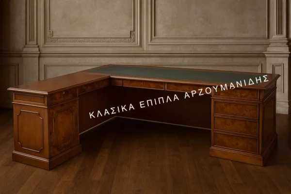 Γωνιακό κλασικό γραφείο Ν6 σε θερμή απόχρωση με πλαϊνά συρτάρια και πλαισιωμένες προσόψεις