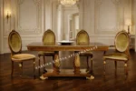 Κλασική τραπεζαρία 993 VANITY με καφέ ορθογώνια επιφάνεια, δύο διακοσμημένες βάσεις και καρέκλες με οβάλ πλάτες σε θερμούς τόνους.