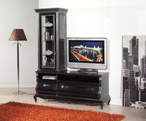 Κλασική Σύνθεση tv ANDROS σε σκούρα απόχρωση, με ψηλή αριστερή βιτρίνα και χαμηλή βάση με συρτάρια και ανοικτό κεντρικό τμήμα
