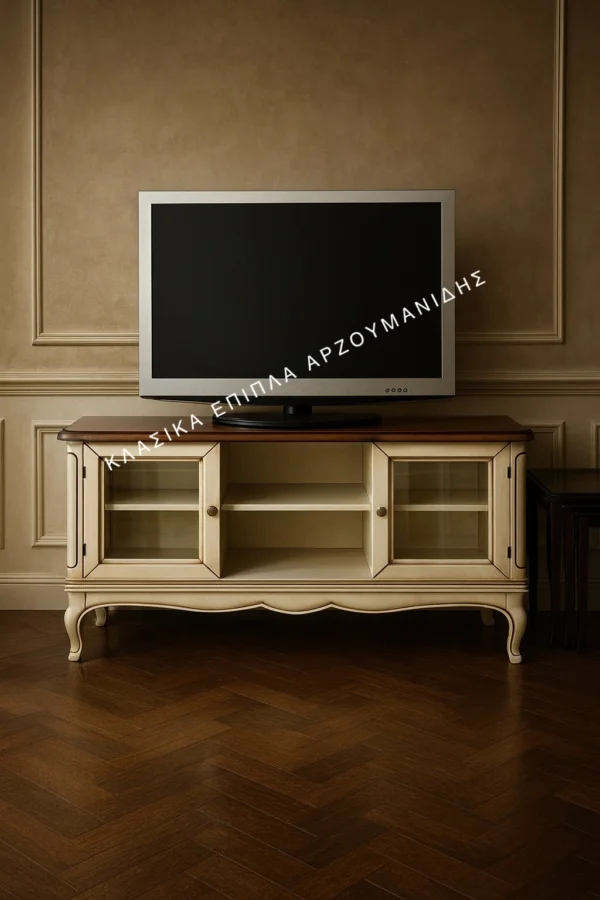 Κλασική Σύνθεση tv ENOS σε ανοιχτή απόχρωση, με σκούρα επιφάνεια, δύο γυάλινες πόρτες και ανοικτά κεντρικά ράφια