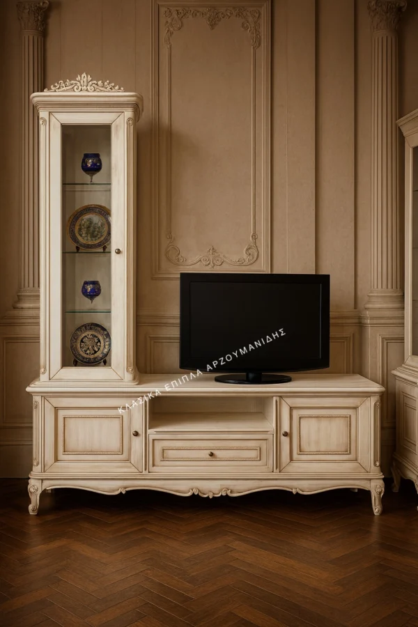 Κλασικό έπιπλο tv VERONA σε ανοιχτή απόχρωση, με ψηλή αριστερή βιτρίνα, χαμηλή βάση και διακοσμημένη κορυφή