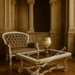 Κλασικό τραπέζι σαλονιού amades με ανοιχτόχρωμο πλαίσιο, γυάλινη επιφάνεια και καμπύλες χαμηλές τραβέρσες