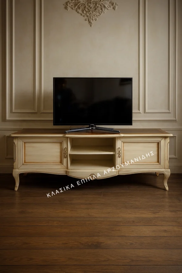 Κλασικό έπιπλο tv N1 σε ανοιχτή απόχρωση, με δύο πλαϊνές πόρτες, ανοικτά κεντρικά ράφια και καμπύλα πόδια