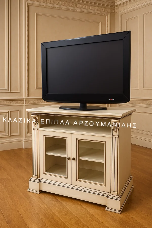 Κλασικό έπιπλο tv Carlotta σε ανοιχτή απόχρωση, με δύο γυάλινες πόρτες και εσωτερικά ράφια ορατά από την πρόσοψη
