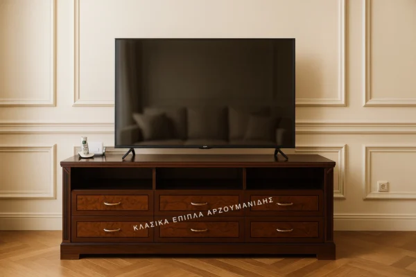 Κλασικό έπιπλο tv carmen 3 σε σκούρα καφέ απόχρωση, με χαμηλή βάση, ανοικτό επάνω τμήμα και κλειστούς χώρους στην πρόσοψη