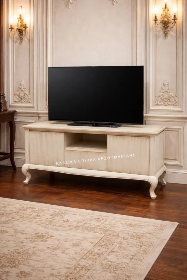 Κλασικό έπιπλο tv N39 σε ανοιχτή απόχρωση, με ανοικτό κεντρικό τμήμα, πλαϊνές πόρτες και καμπύλα πόδια