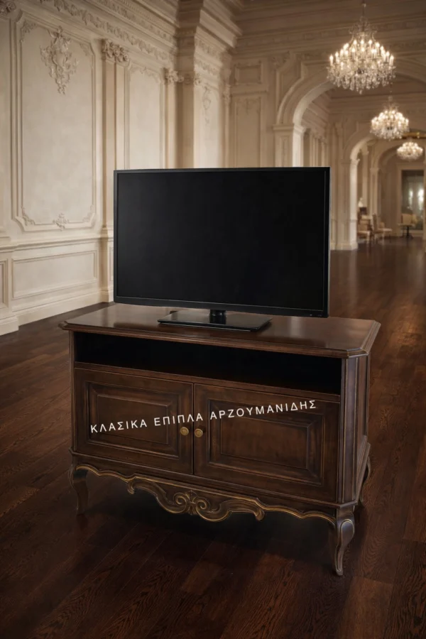 Κλασικό έπιπλο tv N41 σε σκούρα απόχρωση, με μεγάλο ανοικτό επάνω τμήμα και διακοσμημένη χαμηλή πρόσοψη