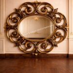 Κλασικός καθρέπτης 40090 Gold με οριζόντιο οβάλ κάτοπτρο και χρυσαφί καμπύλα διακοσμητικά φύλλα