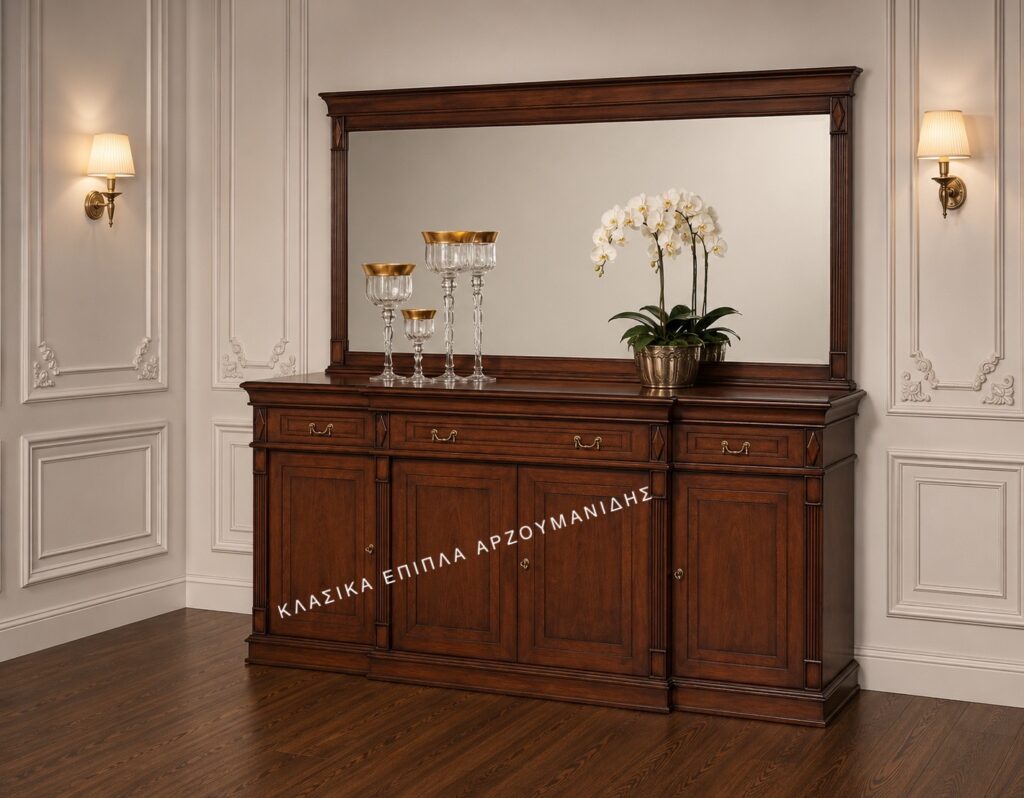 Κλασικός μπουφές Henry 2 με σκούρα καφέ ορθογώνια πρόσοψη και μικρά συρτάρια ψηλά