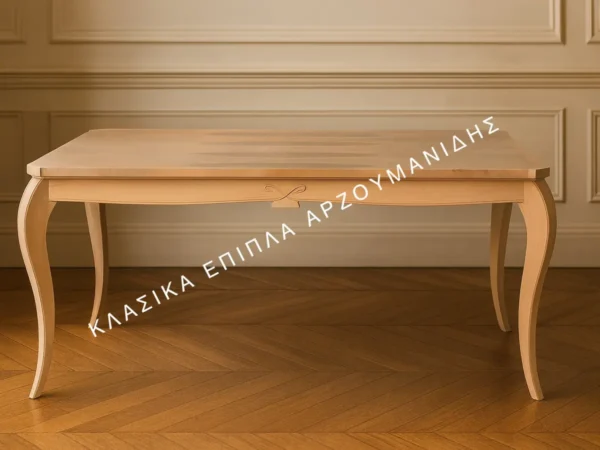 Κλασική τραπεζαρία LINDA με ανοιχτόχρωμη ορθογώνια επιφάνεια και τέσσερα καμπύλα πόδια.