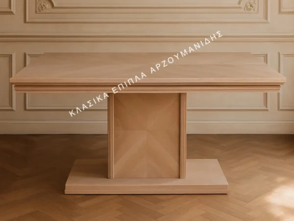 Κλασική τραπεζαρία LANA με ανοιχτόχρωμη ορθογώνια επιφάνεια, κεντρική βάση με διαγώνιο μοτίβο και ορθογώνιο πέλμα.