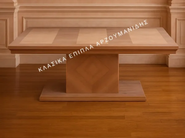 Κλασική τραπεζαρία LIA με ορθογώνια επιφάνεια με πάνελ και κεντρική βάση με διαγώνιο μοτίβο.