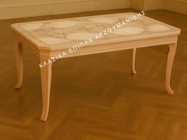 Κλασική τραπεζαρία LILLIAN με ανοιχτόχρωμη ορθογώνια επιφάνεια με μοτίβο και λεπτά καμπύλα πόδια.