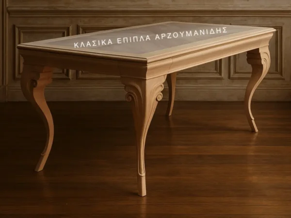 Κλασική τραπεζαρία LYNDOS με ανοιχτόχρωμη ορθογώνια επιφάνεια και διακοσμημένα καμπύλα πόδια.