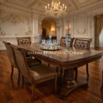 Κλασική τραπεζαρία QUEEN με καφέ επιφάνεια με στρογγυλεμένες γωνίες, δύο τορνευτές βάσεις και καρέκλες με καπιτονέ πλάτες.