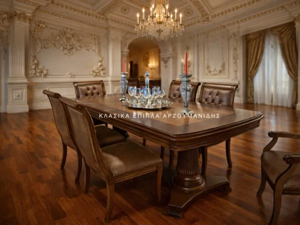 Κλασική τραπεζαρία QUEEN με καφέ επιφάνεια με στρογγυλεμένες γωνίες, δύο τορνευτές βάσεις και καρέκλες με καπιτονέ πλάτες.