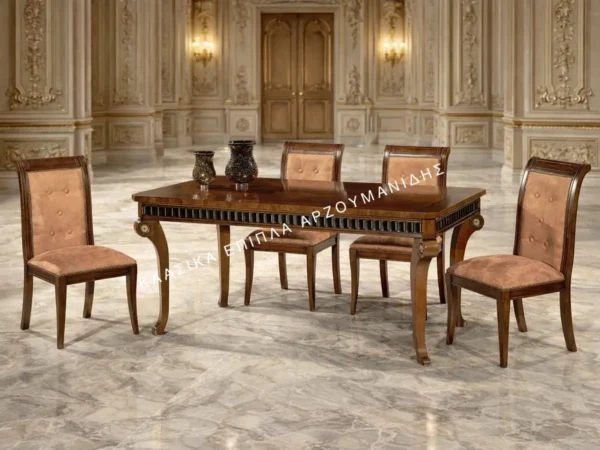 Κλασική Τραπεζαρία ΑΝΤΙΓΟΝΗ με καφέ ορθογώνιο τραπέζι, διακοσμημένα καμπύλα πόδια και καρέκλες με ψηλές πλάτες σε θερμή απόχρωση.