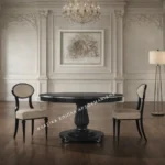 Κλασική τραπεζαρία 9031-L με σκούρο στρογγυλό τραπέζι, διακοσμημένη κεντρική βάση και καρέκλες με ανοιχτόχρωμες οβάλ πλάτες.