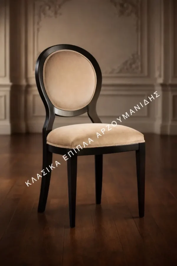 Κλασική καρέκλα 1007-S με μαύρο πλαίσιο, στρογγυλεμένη πλάτη, μονόχρωμη μπεζ ταπετσαρία και ευθύγραμμα πόδια