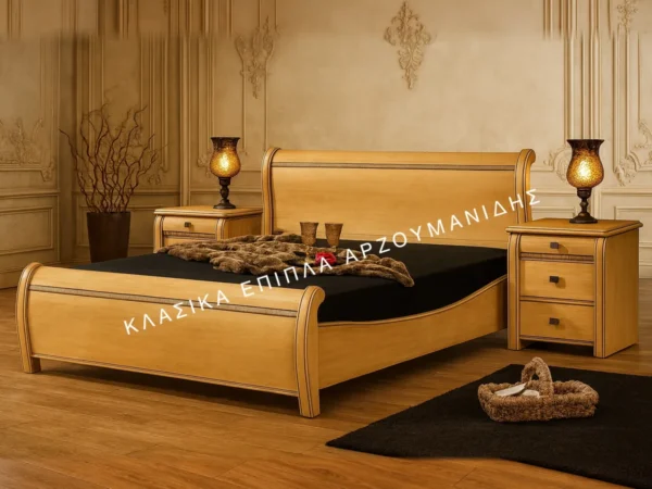 Κλασική Κρεβατοκάμαρα DANAI με ανοιχτόχρωμο κρεβάτι, καμπύλη γραμμή στο κεφαλάρι και στο ποδαρικό και κομοδίνα.