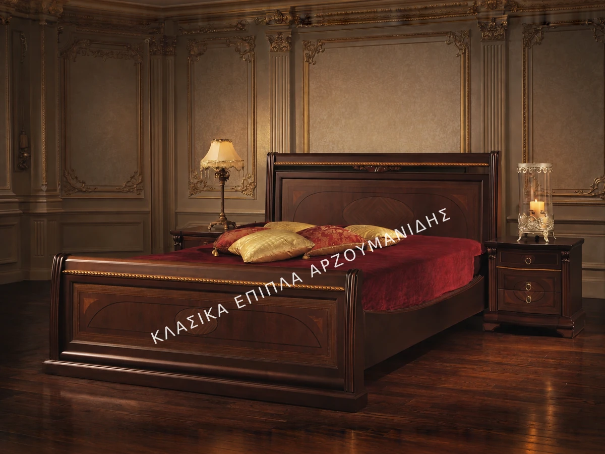klasiki-krevatokamara-ellisavet-3404-1200x900 Κλασική Κρεβατοκάμαρα ELLISAVET με σκούρο καφέ ορθογώνιο πλαίσιο, διακοσμητικό μοτίβο στο ποδαρικό και κομοδίνα.