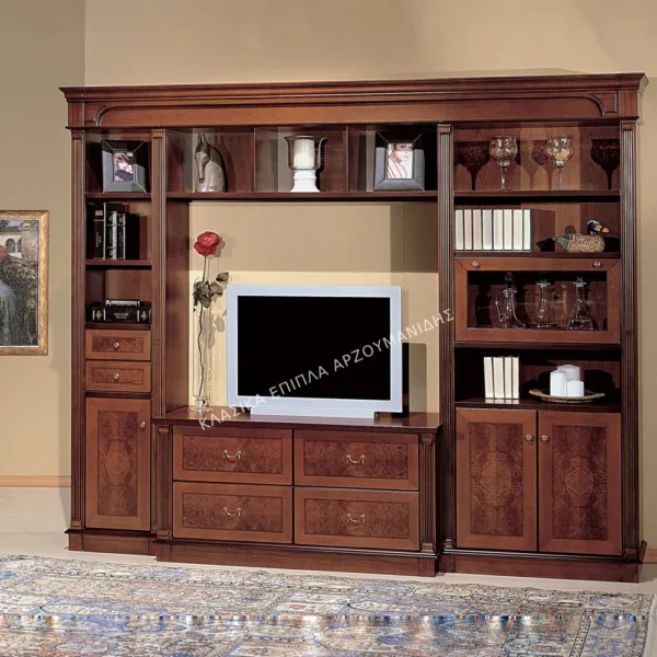 Κλασική Σύνθεση tv Ν.11Α σε καφέ απόχρωση, με κεντρικό άνοιγμα, πλαϊνά τμήματα και σειρά μικρών επάνω ραφιών