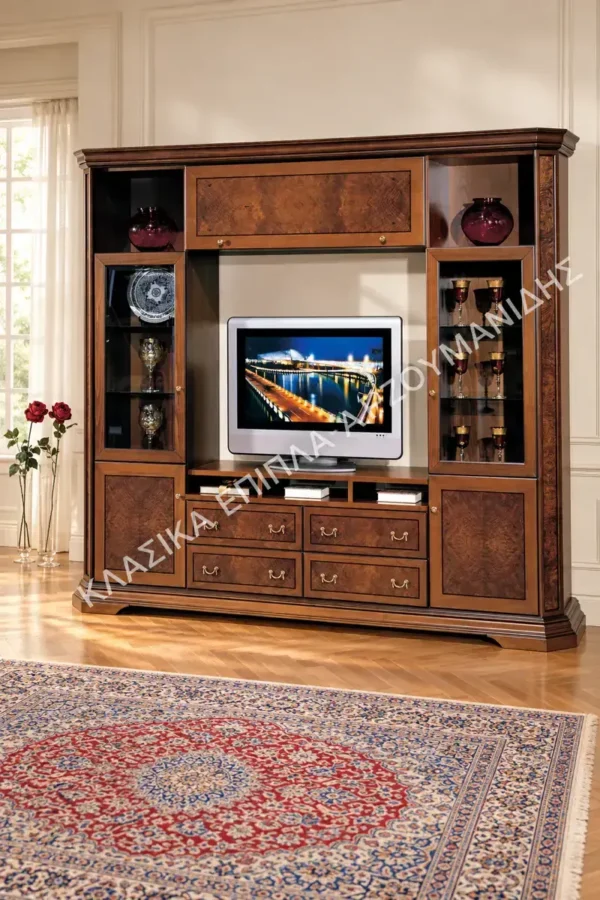 Κλασική Σύνθεση tv 27Α με κεντρική θέση τηλεόρασης, πλαϊνές βιτρίνες και τέσσερα χαμηλά συρτάρια