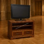 Κλασικό έπιπλο tv carmen 2 σε καφέ απόχρωση, με δύο χαμηλά συρτάρια και ανοικτά τμήματα κάτω από την επάνω επιφάνεια