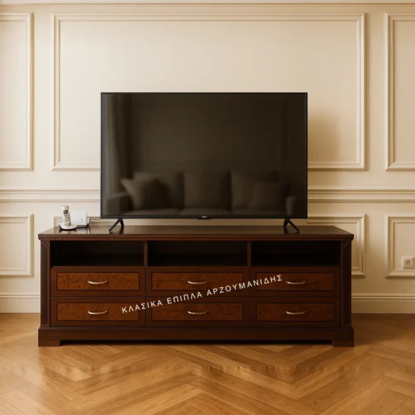 Κλασικό έπιπλο tv carmen 3 σε σκούρα καφέ απόχρωση, με χαμηλή βάση, ανοικτό επάνω τμήμα και κλειστούς χώρους στην πρόσοψη