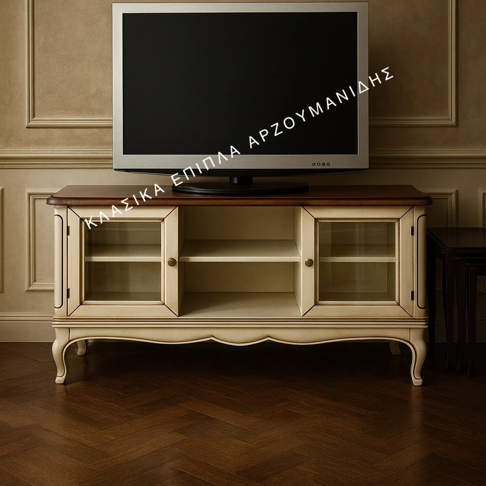 klasiko-epiplo-tv-tv-enos-4693-main-1000x1000 Κλασική Σύνθεση tv ENOS σε ανοιχτή απόχρωση, με σκούρα επιφάνεια, δύο γυάλινες πόρτες και ανοικτά κεντρικά ράφια