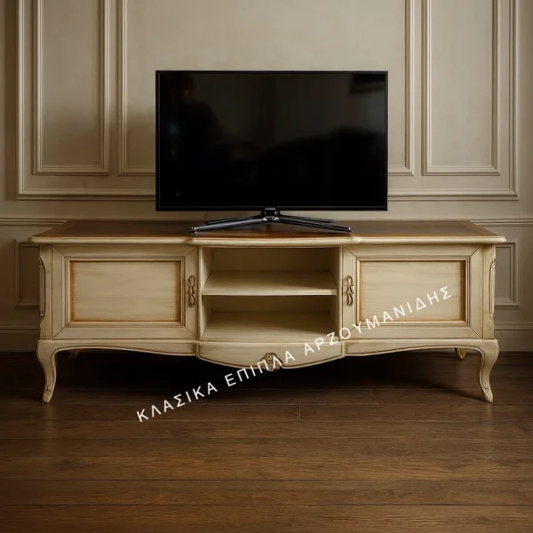 Κλασικό έπιπλο tv N1 σε ανοιχτή απόχρωση, με δύο πλαϊνές πόρτες, ανοικτά κεντρικά ράφια και καμπύλα πόδια