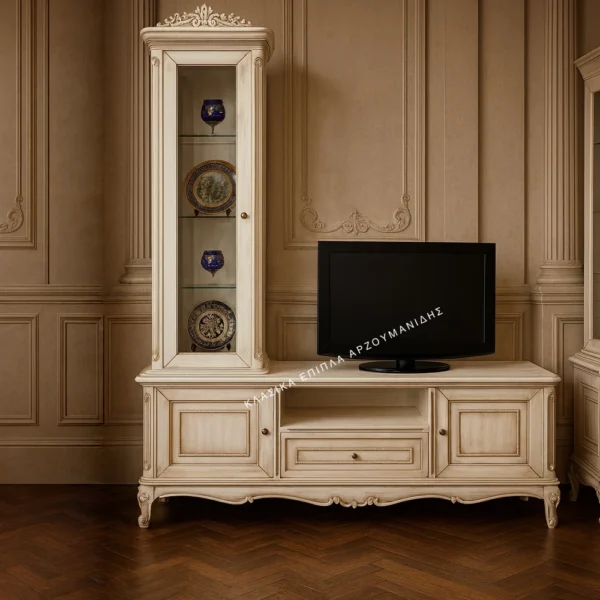 Κλασικό έπιπλο tv VERONA σε ανοιχτή απόχρωση, με ψηλή αριστερή βιτρίνα, χαμηλή βάση και διακοσμημένη κορυφή