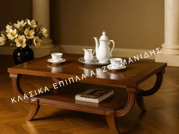 Κλασικό τραπέζι Σαλονιού BOSTONI σε καφέ απόχρωση, με καμπύλα πλαϊνά στηρίγματα και χαμηλό ανοιχτό ράφι