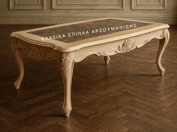 Κλασικό τραπέζι σαλονιού Amour σε ανοιχτή απόχρωση, με διακοσμητική επιφάνεια και λεπτά καμπύλα πόδια με χρυσόχρωμες λεπτομέρειες
