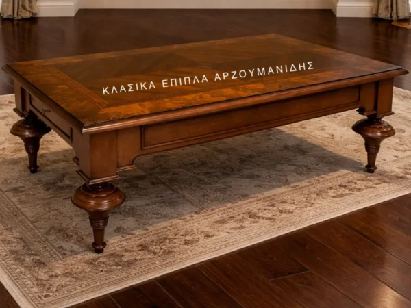 Κλασικό τραπέζι Σαλονιού ATHINA PROSFORAS σε καφέ απόχρωση, με ορθογώνια επιφάνεια και τορνευτά πόδια με χρυσόχρωμες λεπτομέρειες