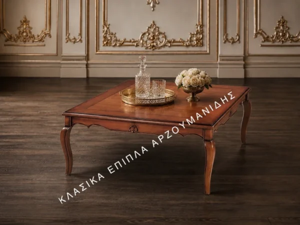 Κλασικό τραπέζι Σαλονιού PHILIP σε καφέ απόχρωση, με ορθογώνια επιφάνεια και λεπτά καμπύλα πόδια