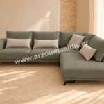 Romeo — Γωνιακός καναπές σε απόχρωση ελιά, δεξιά σεζλόνγκ και χαρακτηριστικά μαύρα μεταλλικά πόδια