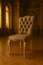 Κλασική καρέκλα ROYAL – μονόχρωμη μπεζ ταπετσαρία, ψηλή πλάτη με καπιτονέ και καφέ καμπύλα πόδια σε διακοσμημένο εσωτερικό χώρο
