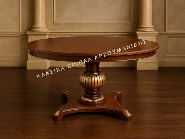 Κλασική Τραπεζαρία Imperial ρότοντα με σκούρα καφέ στρογγυλή επιφάνεια και έντονα διακοσμημένη τορνευτή κεντρική βάση.