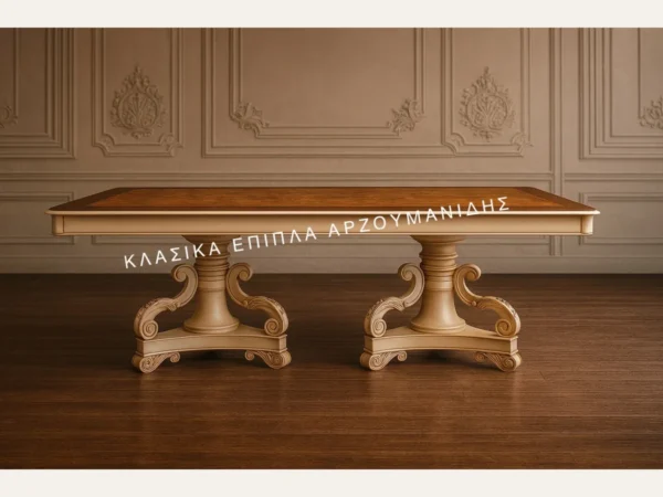 Κλασική τραπεζαρία JADORE με μακρόστενη καφέ επιφάνεια, ανοιχτόχρωμο πλαίσιο και δύο έντονα διακοσμημένες καμπύλες βάσεις.