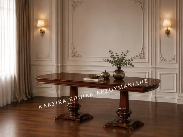 Κλασικό τραπέζι τραπεζαρίας George σε καφέ απόχρωση, με στρογγυλεμένα άκρα και δύο κεντρικές βάσεις με καμπύλα πέλματα