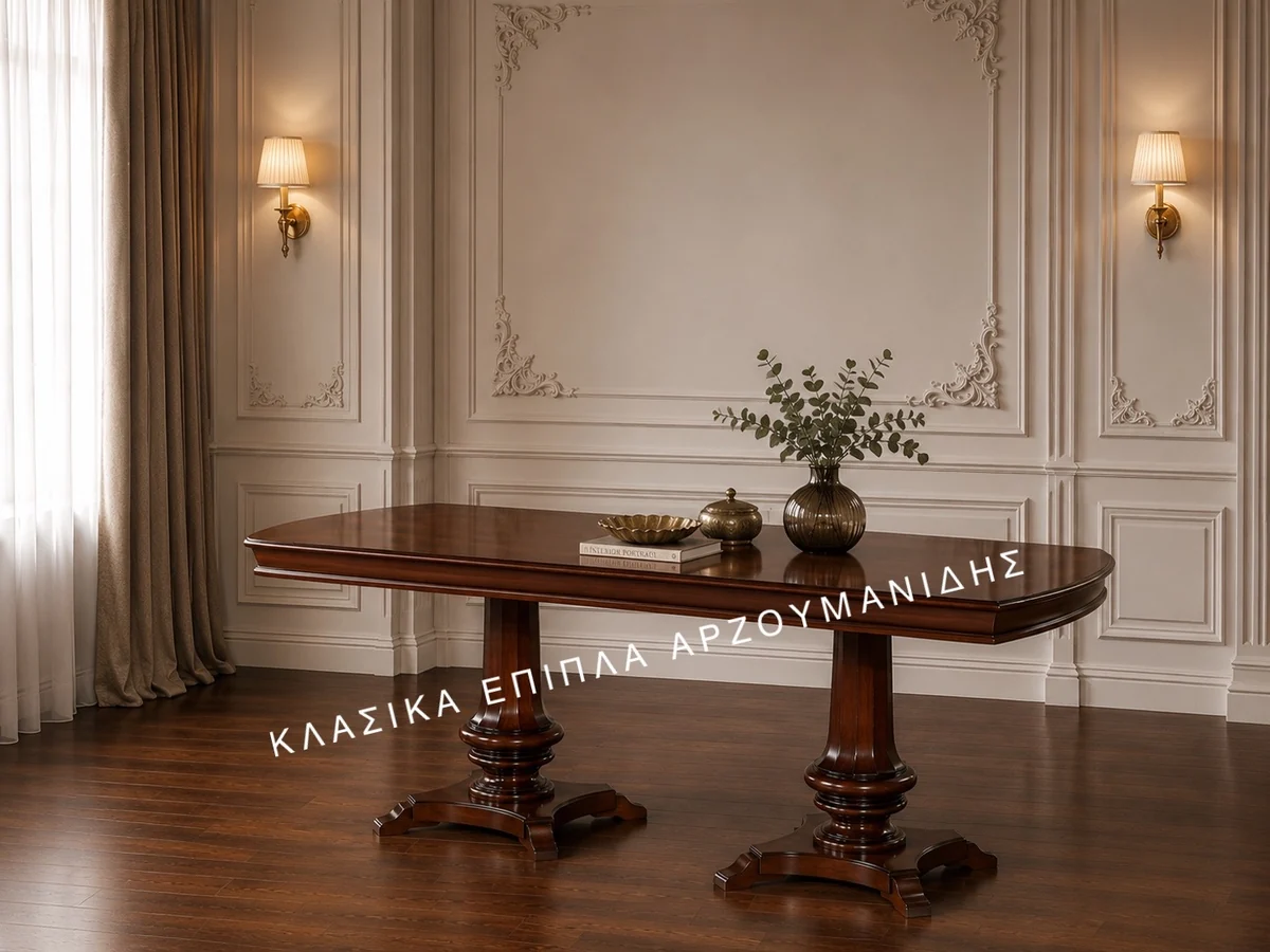 Κλασική τραπεζαρία George Κλασικό τραπέζι τραπεζαρίας George σε καφέ απόχρωση, με στρογγυλεμένα άκρα και δύο κεντρικές βάσεις με καμπύλα πέλματα