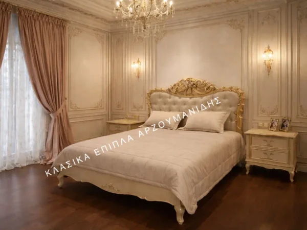 Κλασική Κρεβατοκάμαρα HERMES με ανοιχτόχρωμο διακοσμημένο πλαίσιο, επενδυμένο κεφαλάρι με χρυσαφί λεπτομέρειες και κομοδίνο.