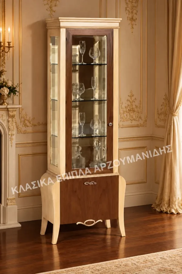 Κλασική βιτρίνα GRACE με ανοιχτόχρωμο πλαίσιο, σκουρότερο σώμα και μία ψηλή γυάλινη πόρτα