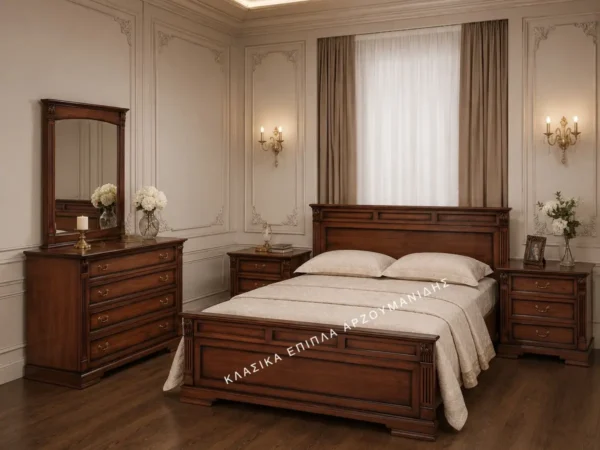 Κλασική κρεβατοκάμαρα Prestige σε καφέ απόχρωση, με ορθογώνιο κεφαλάρι και ποδαρικό, διακοσμημένες κάθετες κολόνες και συρταριέρα με καθρέφτη