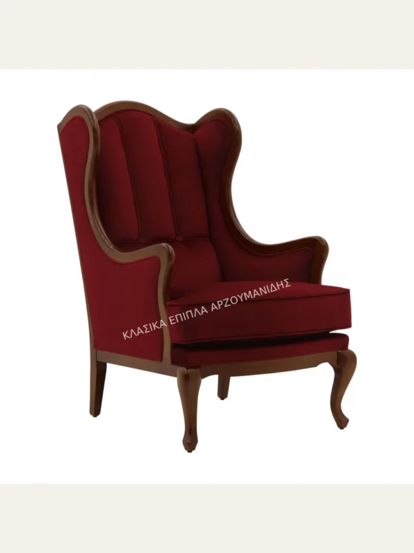 Κλασική πολυθρόνα ART 9194P – κόκκινη επένδυση, ψηλή πλάτη με πλευρικές προεκτάσεις και καφέ καμπύλο πλαίσιο